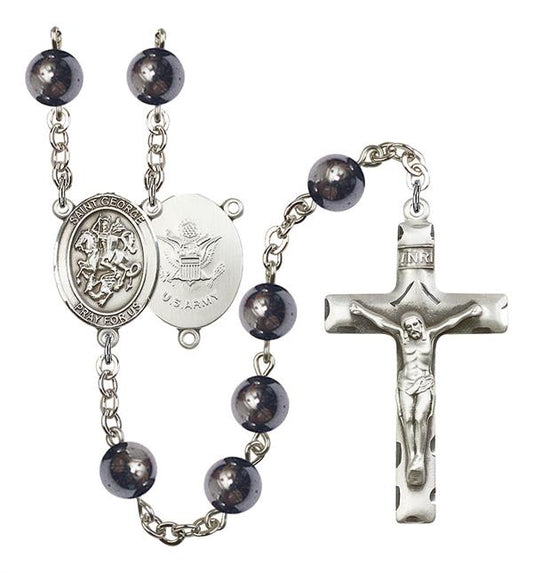 St. George U.S. Army Rosary, 8mm Hematite Beads, Silver Plate, # 11035