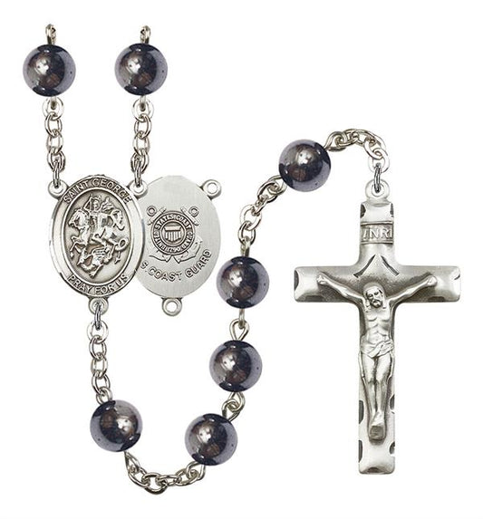 St. George U.S. Coast Guard Rosary, 8mm Hematite Beads, Silver Plate, # 11036