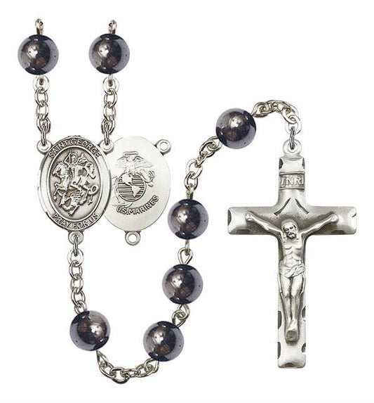 St. George U.S. Marines Rosary, 8mm Hematite Beads, Silver Plate, # 11038