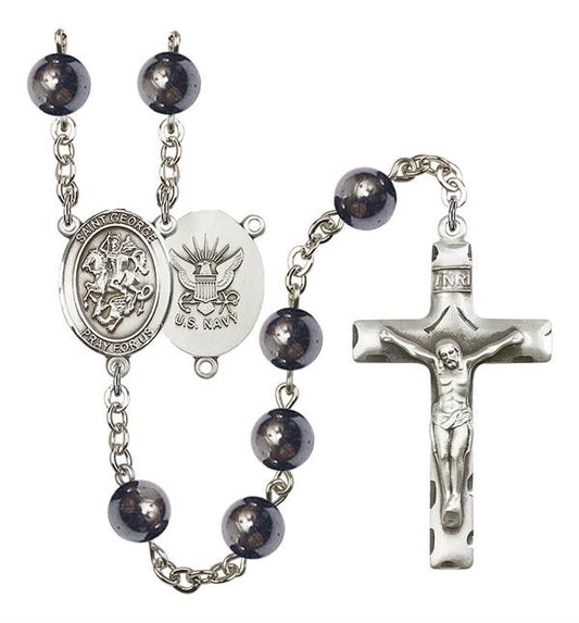 St. George U.S. Navy Rosary, 8mm Hematite Beads, Silver Plate, # 11046