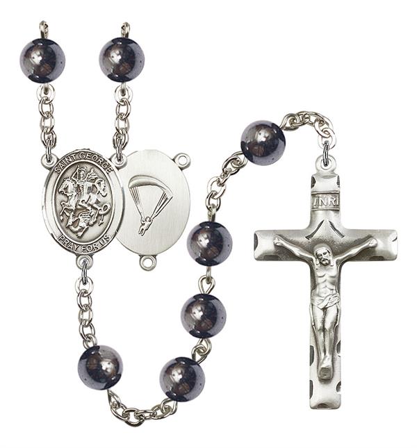 St. George Paratrooper Skydiver Rosary, 8mm Hematite Beads, Silver Plate, # 11047