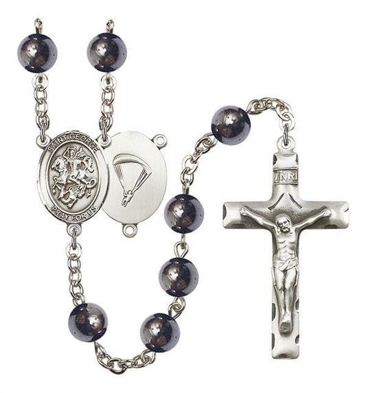 St. George Paratrooper Skydiver Rosary, 8mm Hematite Beads, Silver Plate, # 11047