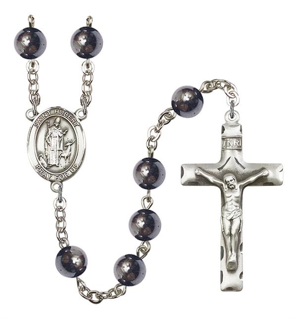 St. Hubert Rosary, 8mm Hematite Beads, Silver Plate, # 11053