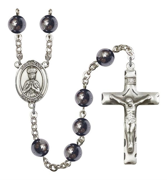 St. Henry Rosary, 8mm Hematite Beads, Silver Plate, # 11054