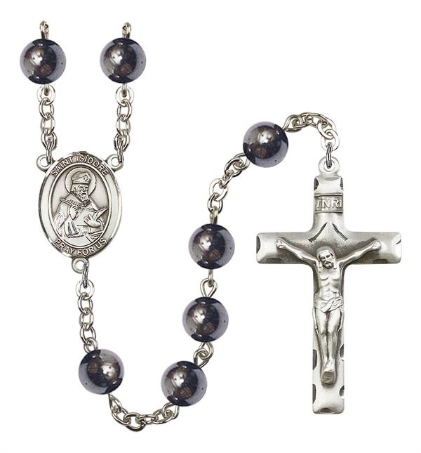 St. Isidore Rosary, 8mm Hematite Beads, Silver Plate, # 11057