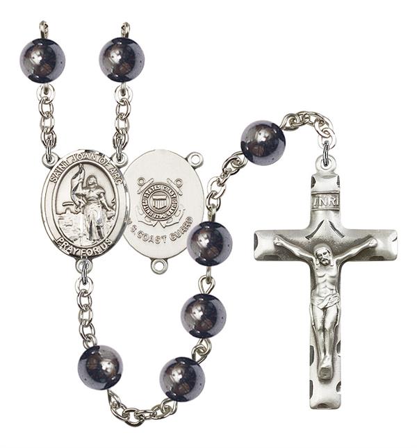 St. Joan of Arc U.S. Coast Guard Rosary, 8mm Hematite Beads, Silver Plate, # 11062