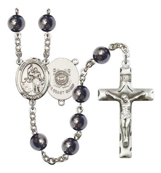 St. Joan of Arc U.S. Coast Guard Rosary, 8mm Hematite Beads, Silver Plate, # 11062