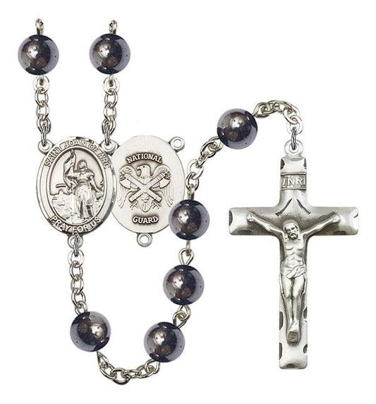 St. Joan of Arc National Guard Rosary, 8mm Hematite Beads, Silver Plate, # 11063