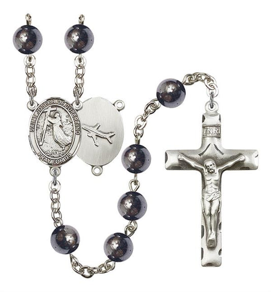 St. Joseph of Cupertino Pilot's Rosary, 8mm Hematite Beads, Silver Plate, # 11068