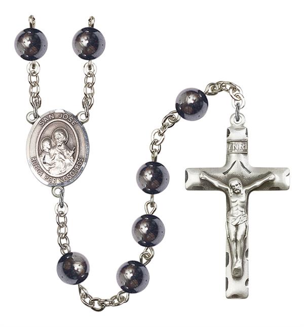 San Jose Rosary, 8mm Hematite Beads, Silver Plate, # 11070