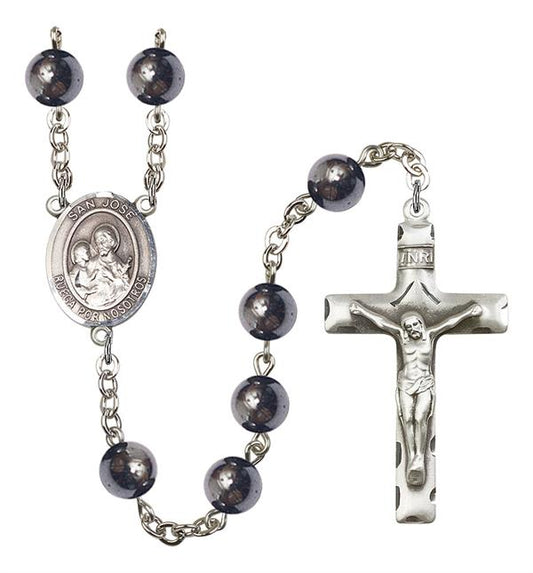 San Jose Rosary, 8mm Hematite Beads, Silver Plate, # 11070