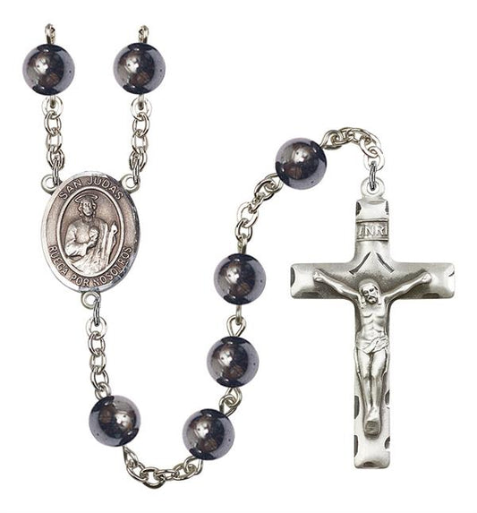San Judas Spanish Rosary, 8mm Hematite Beads, Silver Plate, # 11073