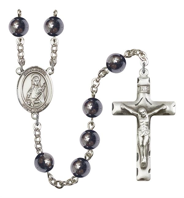 St. Lucia Rosary, 8mm Hematite Beads, Silver Plate, # 11078