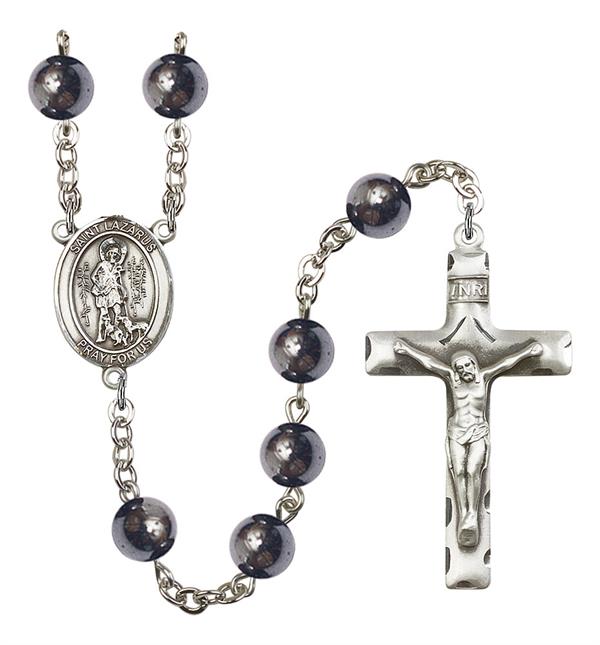 St. Lazarus Rosary, 8mm Hematite Beads, Silver Plate, # 11079