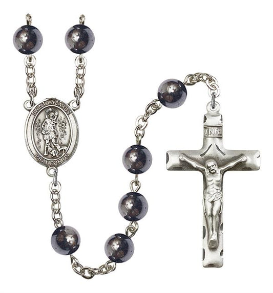 St. Lazarus Rosary, 8mm Hematite Beads, Silver Plate, # 11079