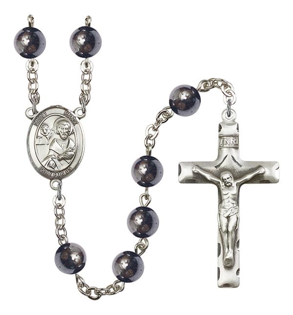 St. Mark Rosary, 8mm Hematite Beads, Silver Plate, # 11084