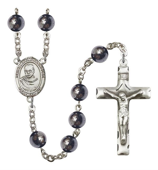St. Maximilian Kolbe Rosary, 8mm Hematite Beads, Silver Plate, # 11087