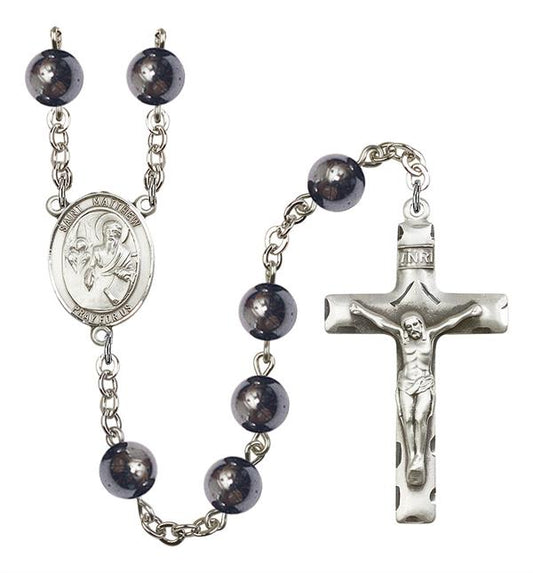 St. Matthew Rosary, 8mm Hematite Beads, Silver Plate, # 11088