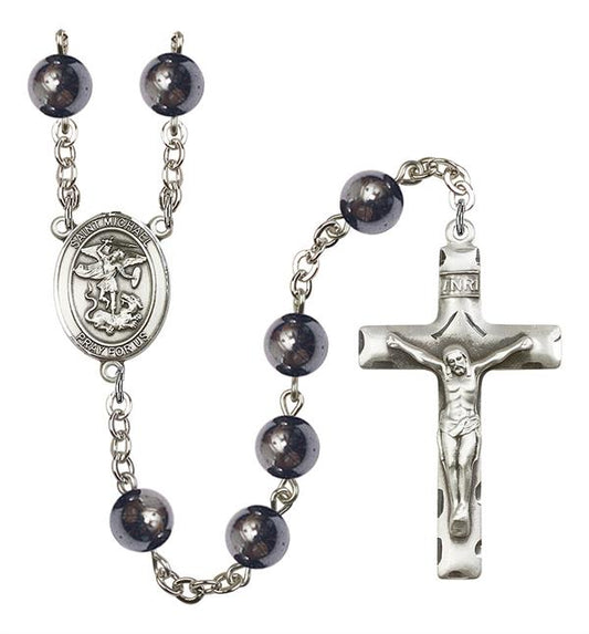 St. Michael Rosary, 8mm Hematite Beads, Silver Plate, # 11090