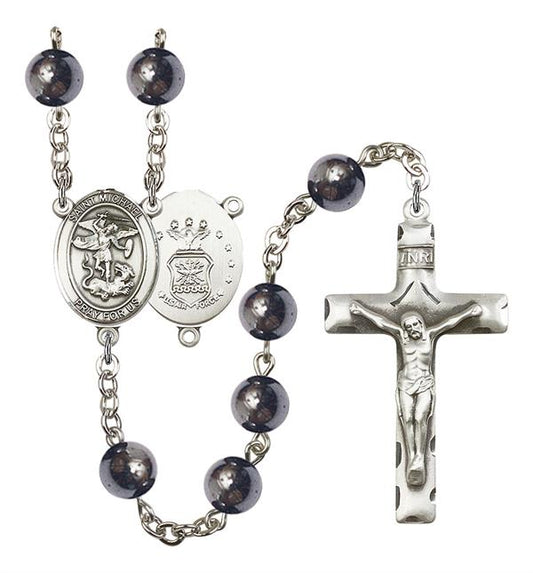 St. Michael U.S. Air Force Rosary, 8mm Hematite Beads, Silver Plate, # 11091