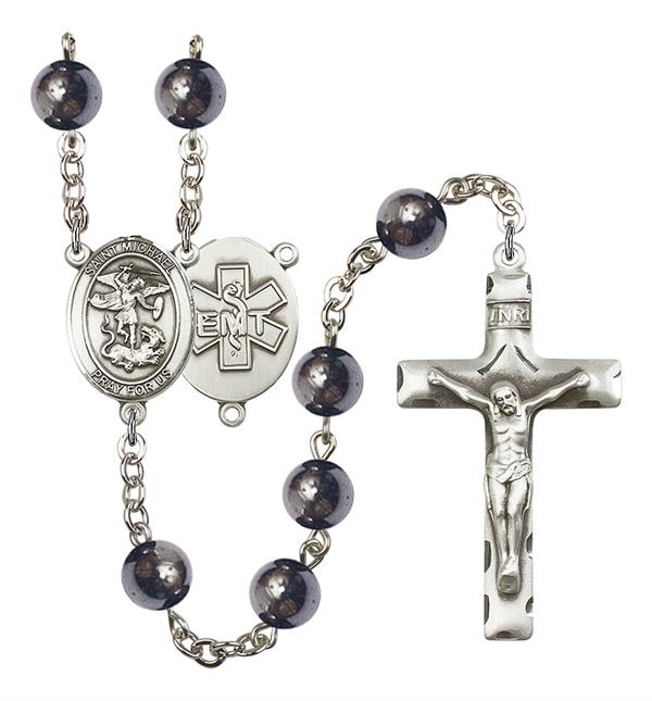 St. Michael EMT Rosary, 8mm Hematite Beads, Silver Plate, # 11098