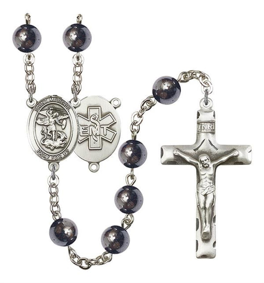 St. Michael EMT Rosary, 8mm Hematite Beads, Silver Plate, # 11098