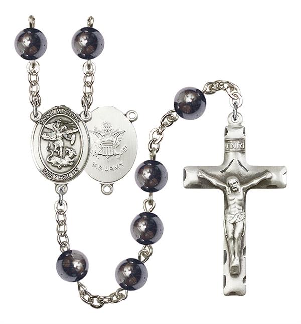 St. Michael U.S. Army Rosary, 8mm Hematite Beads, Silver Plate, # 11092