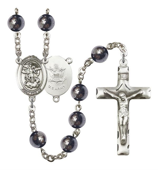 St. Michael U.S. Army Rosary, 8mm Hematite Beads, Silver Plate, # 11092