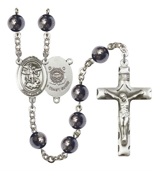 St. Michael U.S. Coast Guard Rosary, 8mm Hematite Beads, Silver Plate, # 11093