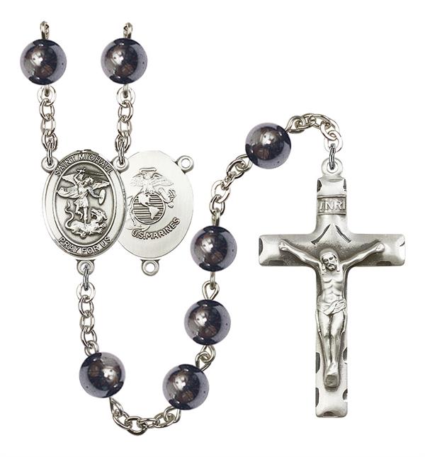 St. Michael U.S. Marines Rosary, 8mm Hematite Beads, Silver Plate, # 11094