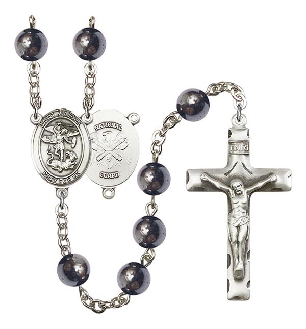 St. Michael National Guard Rosary, 8mm Hematite Beads, Silver Plate, # 11095