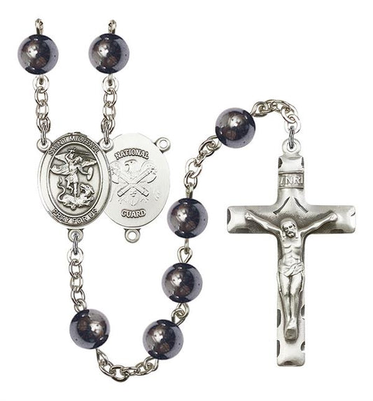 St. Michael National Guard Rosary, 8mm Hematite Beads, Silver Plate, # 11095