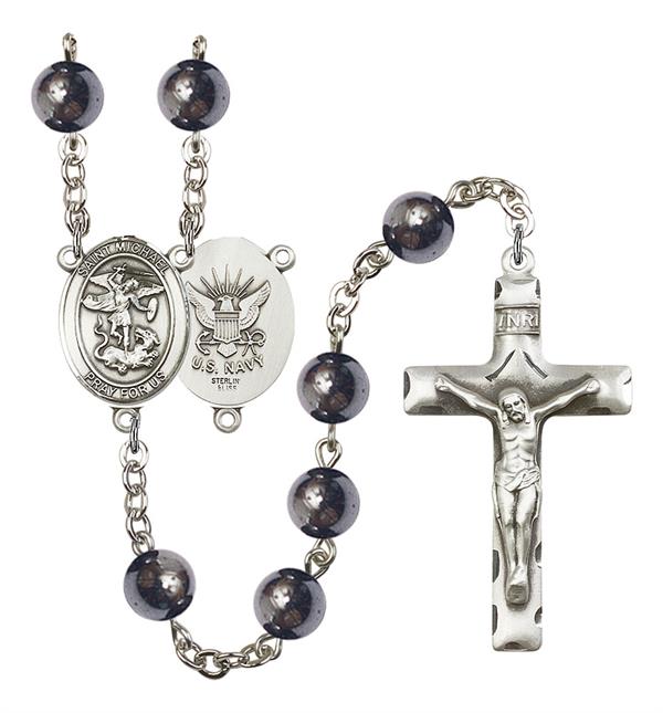 St. Michael U.S. Navy Rosary, 8mm Hematite Beads, Silver Plate, # 11096