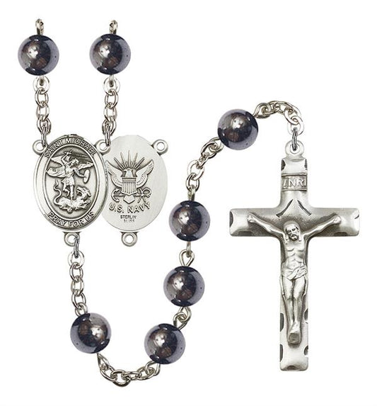 St. Michael U.S. Navy Rosary, 8mm Hematite Beads, Silver Plate, # 11096