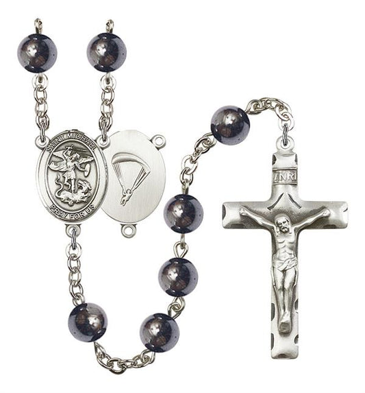 St. Michael Paratrooper Skydiver Rosary, 8mm Hematite Beads, Silver Plate, # 11097