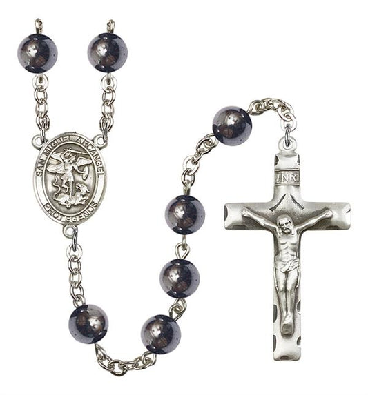 San Miguel Arcangel Spanish Rosary, 8mm Hematite Beads, Silver Plate, # 11099
