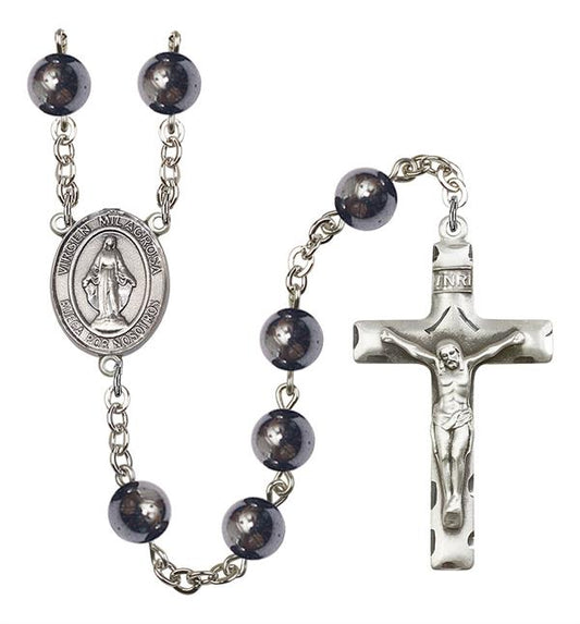 Virgen Milagosa Spanish Rosary, 8mm Hematite Beads, Silver Plate, # 11102