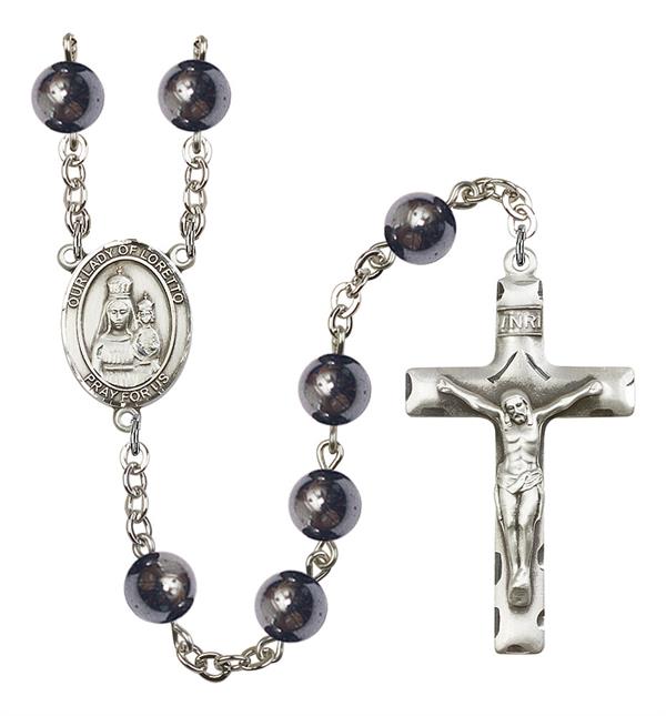 Our Lady of Loretto Rosary, 8mm Hematite Beads, Silver Plate, # 11106