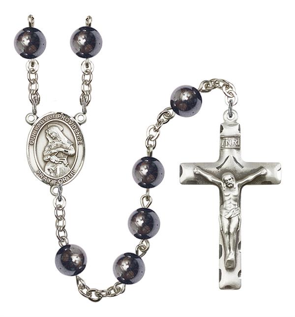 Our Lady of Providence Rosary, 8mm Hematite Beads, Silver Plate, # 11110
