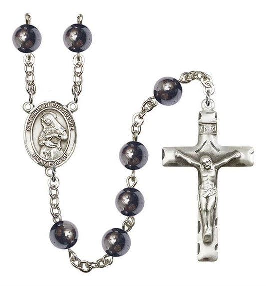 Our Lady of Providence Rosary, 8mm Hematite Beads, Silver Plate, # 11110