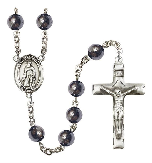 St. Peregrine Rosary, 8mm Hematite Beads, Silver Plate, # 11112