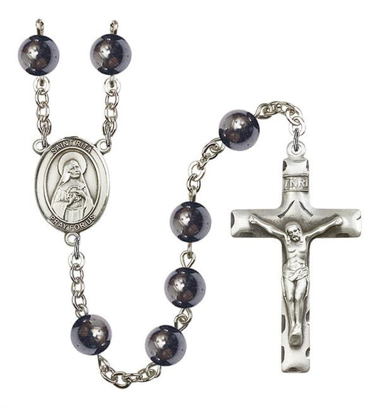 St. Rita Rosary, 8mm Hematite Beads, Silver Plate, # 11123