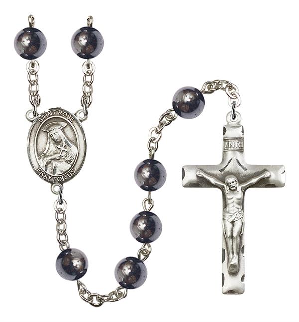 St. Rose Rosary, 8mm Hematite Beads, Silver Plate, # 11125