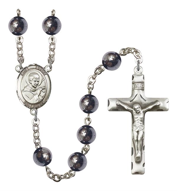 St. Robert Rosary, 8mm Hematite Beads, Silver Plate, # 11127