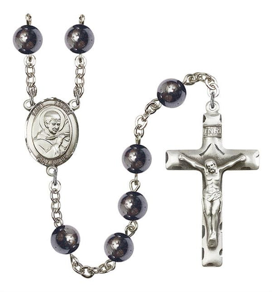 St. Robert Rosary, 8mm Hematite Beads, Silver Plate, # 11127