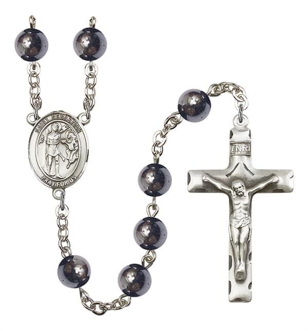 St. Sebastian Rosary, 8mm Hematite Beads, Silver Plate, # 11134