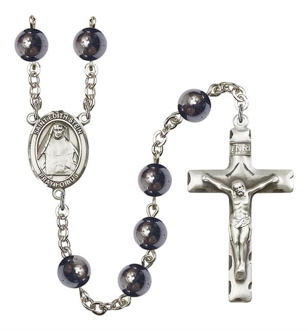 St. Edith Stein Rosary, 8mm Hematite Beads, Silver Plate, # 11137