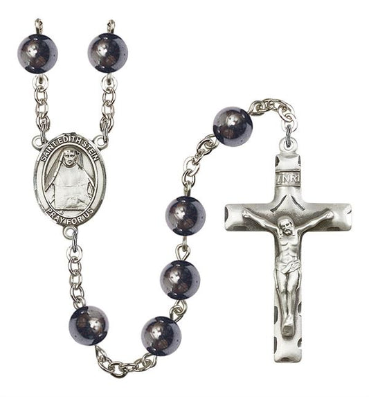 St. Edith Stein Rosary, 8mm Hematite Beads, Silver Plate, # 11137