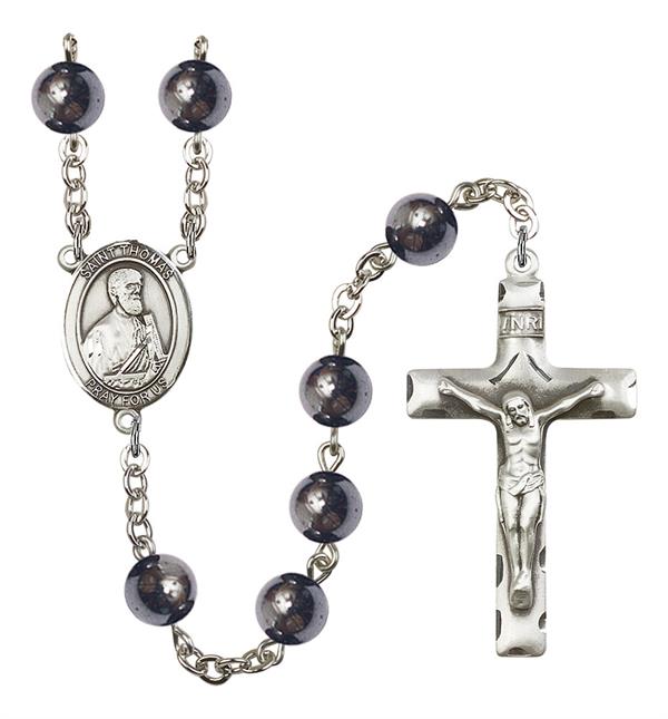 St. Thomas the Apostle Rosary, 8mm Hematite Beads, Silver Plate, # 11142