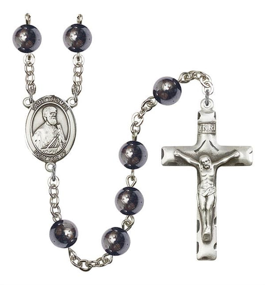 St. Thomas the Apostle Rosary, 8mm Hematite Beads, Silver Plate, # 11142